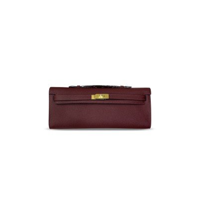HERMÈS MASTER KELLY CUT CLUTCH POCHETTE BORDEAUX EPSOM GOLD HARDWARE (31*12*2cm)